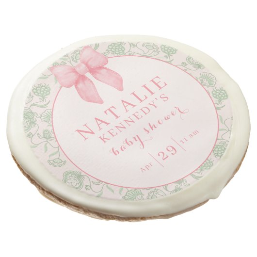 Coquette Aesthetic Pink Bow Sage Green Baby Girl Sugar Cookie (Angled)