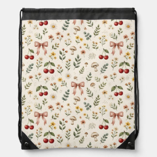Coquette Aesthetic Red Cherry and Pink Ribbon Patt Drawstring Bag