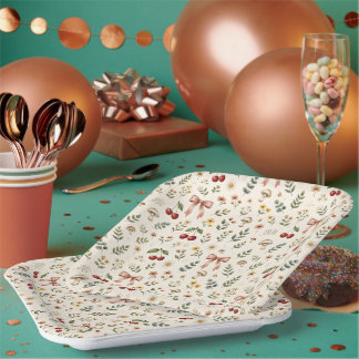 Coquette Aesthetic Red Cherry and Pink Ribbon Patt Paper Plates