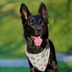 Coquette Aesthetic Sage Gingham & Pink Roses Pet Bandana Collar