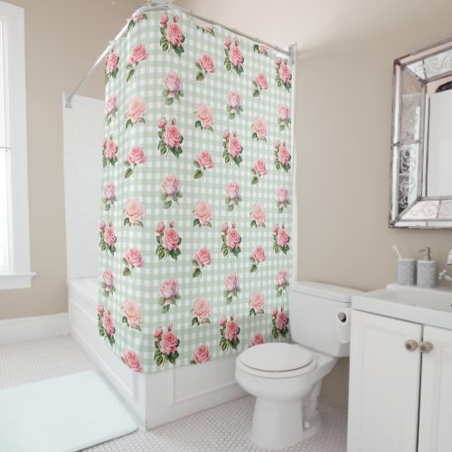 Coquette Aesthetic Sage Gingham  Pink Roses Shower Curtain