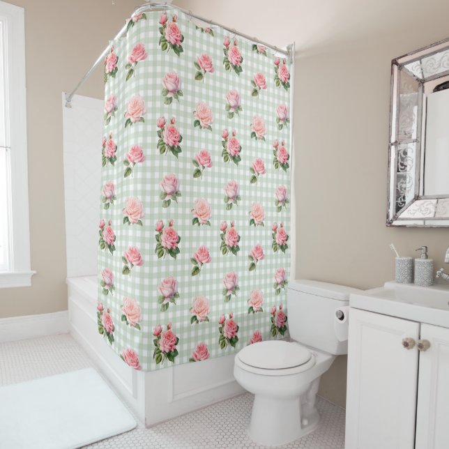 Coquette Aesthetic Sage Gingham & Pink Roses Shower Curtain (In Situ)