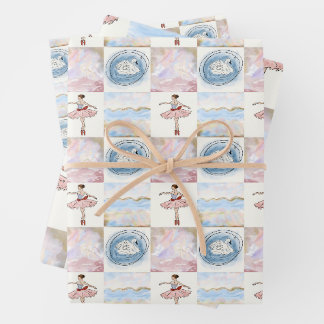 Coquette Ballerina and Swan Pastel Grid Seamless Wrapping Paper Sheets