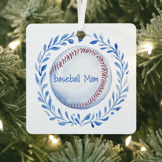 Coquette Baseball Mom  Floral Chinoiserie Wreath Metal Ornament (Insitu)