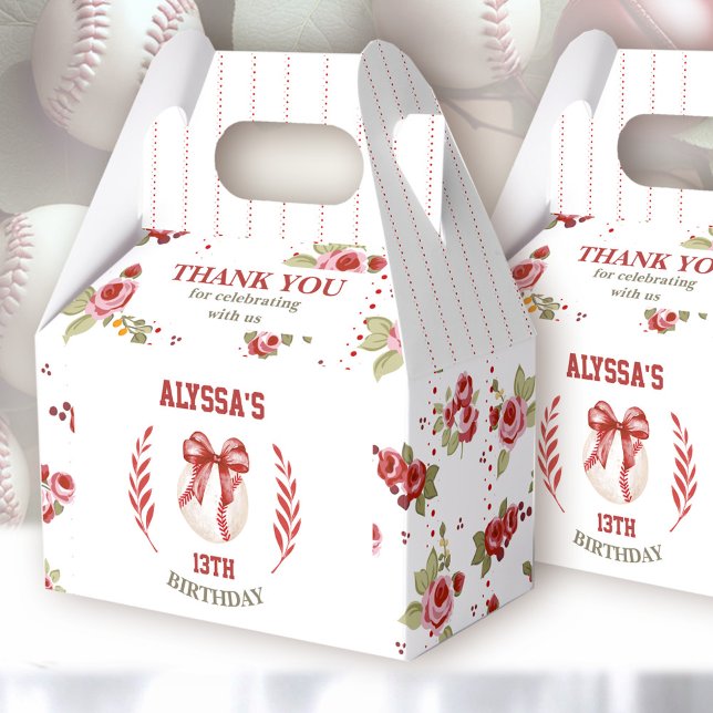 Coquette Baseball Red Bow Floral Modern Birthday Favor Boxes (Coquette Baseball Modern Favor Boxs - You can choose from 3 sizes by clicking on the STYLE dropbox)