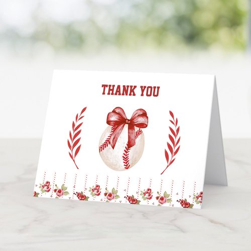 Coquette Baseball Red Bow Floral Modern Birthday Thank You Card