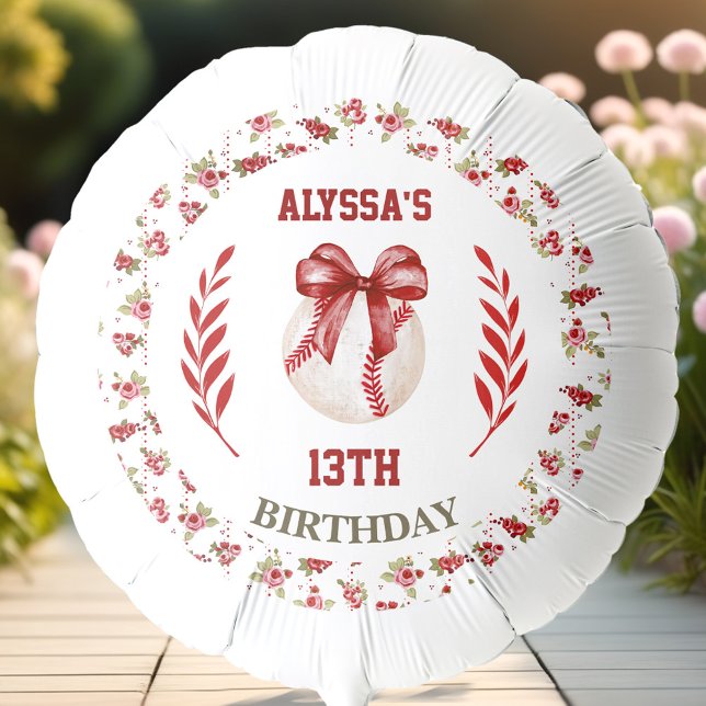 Coquette Baseball Red Bow Floral Trendy Birthday Balloon (Coquette Baseball Red Bow Floral Trendy Birthday Balloon)