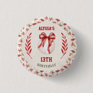 Coquette Baseball Red Bow Floral Vintage Birthday Button