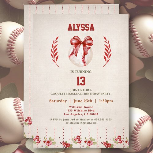 Coquette Baseball Red Bow Floral Vintage Birthday Invitation