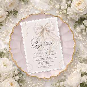 Coquette Beige Bow and Pearl Baptism Invitation
