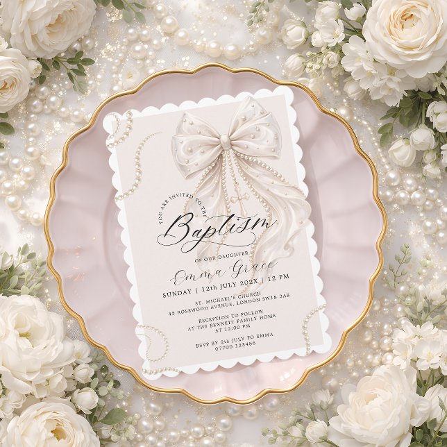 Coquette Beige Bow and Pearl Baptism Invitation (Creator Uploaded)