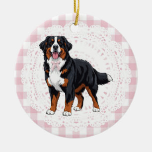 Coquette Bernese Mountain Dog Pink Gingham Bows Ceramic Ornament