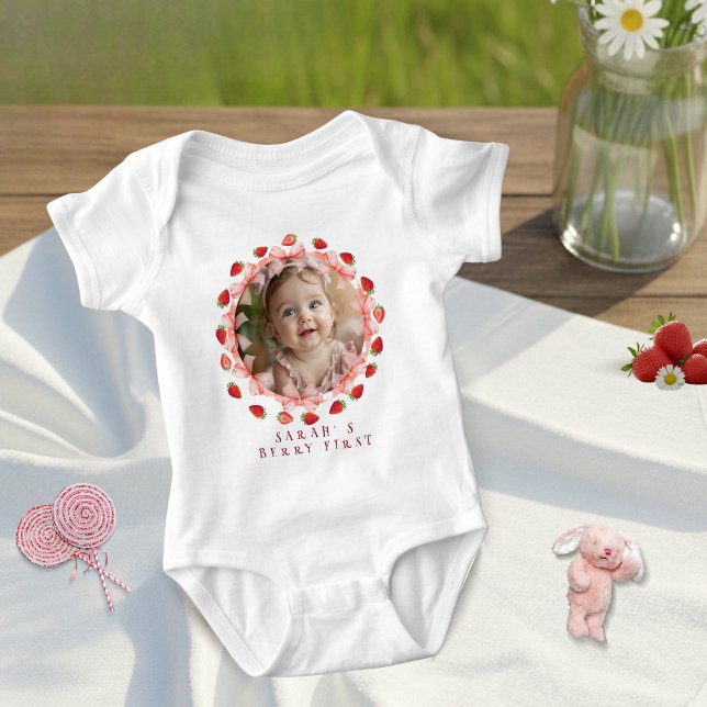 Coquette Berry First Birthday Red Gingham Photo  Baby Bodysuit (Coquette Berry First Birthday Red Gingham Photo Baby Bodysuit)