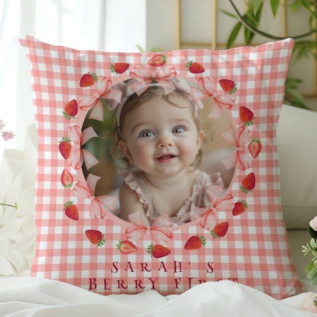 Coquette Berry First Birthday Red Gingham Photo  Throw Pillow (Coquette Berry First Birthday Red Gingham Photo Throw Pillow)