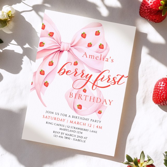 Coquette Berry First Birthday Strawberry Invitatio Invitation (Creator Uploaded)