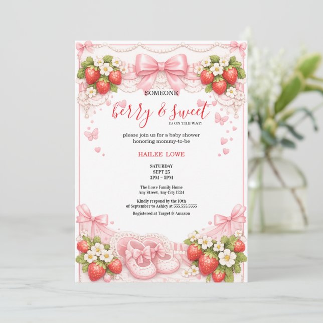Coquette Berry Sweet Strawberry Baby Shower Pink Invitation (Standing Front)