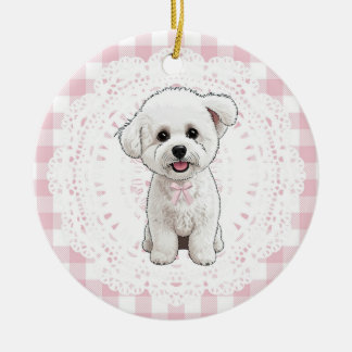 Coquette Bichon Frise Dog Pink Gingham Bows Ceramic Ornament