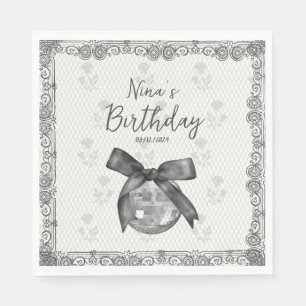 Coquette Black Bow & Disco Ball Elegant Birthday Napkins