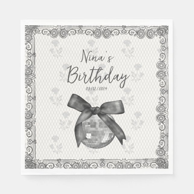 Coquette Black Bow & Disco Ball Elegant Birthday Napkins (Front)