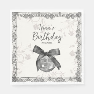 Coquette Black Bow & Disco Ball Elegant Birthday Napkins