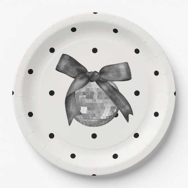 Coquette Black Bow & Disco Ball Elegant Birthday Paper Plates (Front)
