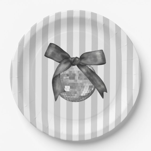 Coquette Black Bow & Disco Ball Elegant Birthday Paper Plates (Front)