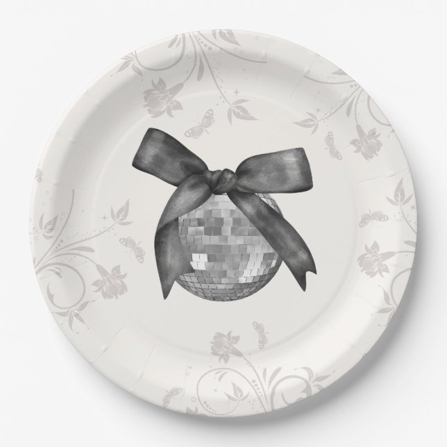 Coquette Black Bow & Disco Ball Elegant Birthday Paper Plates (Front)