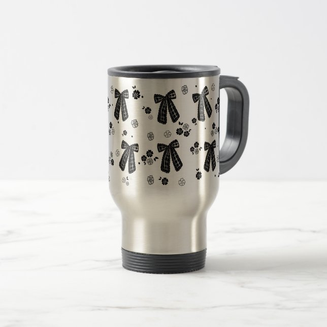 Coquette Black Bow Pattern Travel Mug | Cute Femin (Front Right)