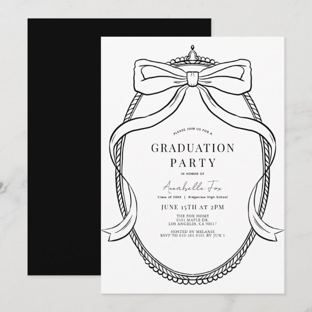 Coquette Black Bow Ribbon Frame Graduation Party Invitation (Front/Back)