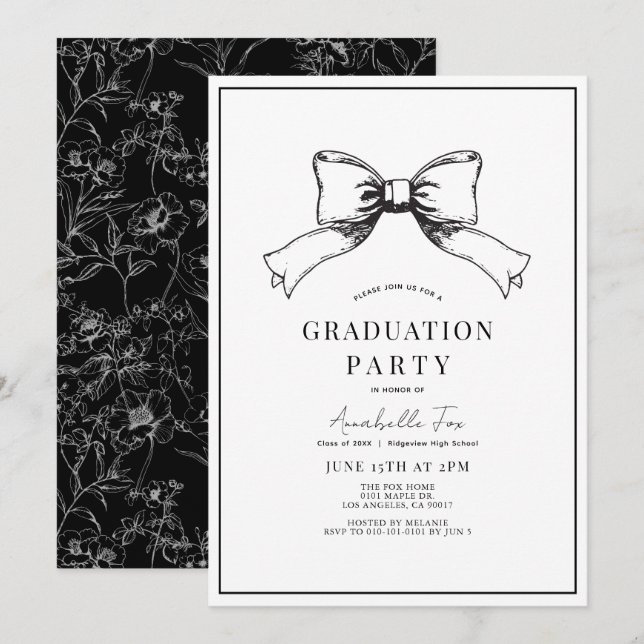 Coquette Black Bow Ribbon Graduation Party Invitation (Front/Back)