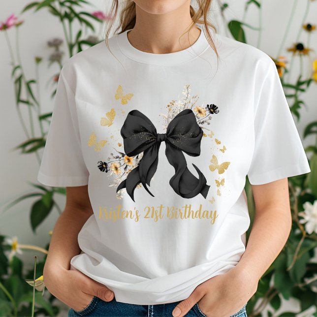Coquette Black Bow Wildflowers Birthday  T-Shirt (Elegant Black Bow Wildflowers tshirt)