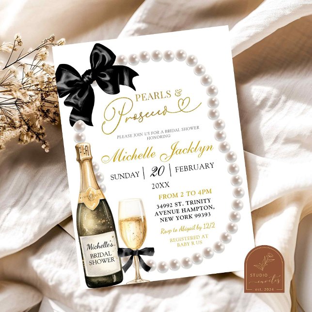 Coquette Black Pearls and prosecco Bridal Shower Invitation (Creator Uploaded)