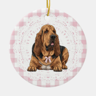 Coquette Bloodhound Dog Pink Gingham Bows Ceramic Ornament