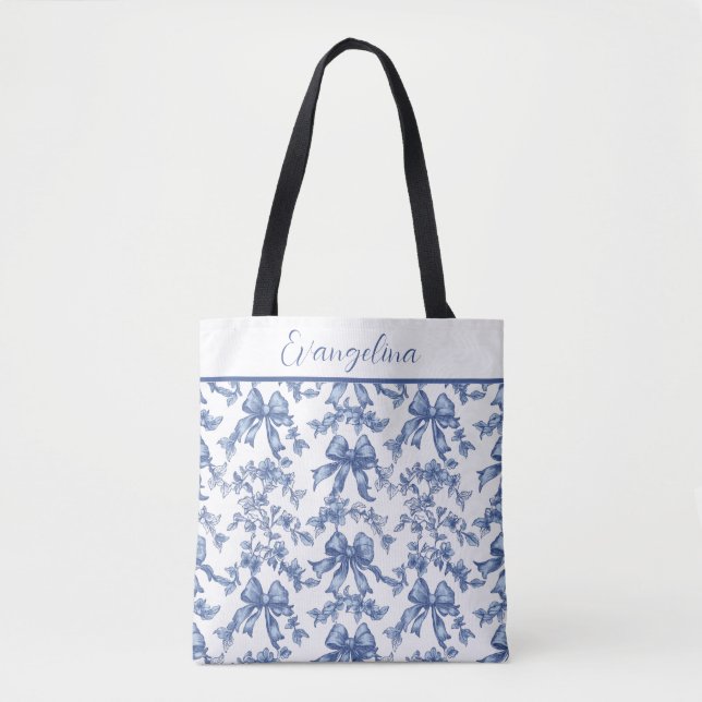 Coquette Blue and White Toile Bride Bachelorette Tote Bag (Front)