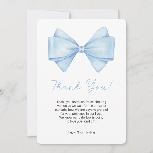 Coquette Blue Bow Baby Shower Thank You Card (Front)