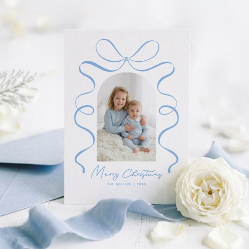 Coquette Blue Bow Minimalist Holiday Family Photo Card