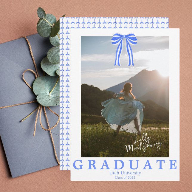 Coquette Blue Bow Photo Graduation Announcement (Creator Uploaded)