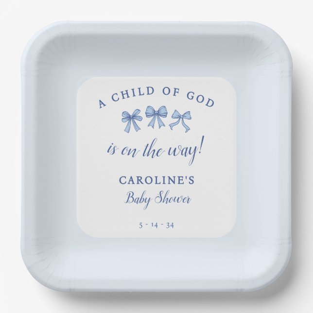 Coquette Blue Bows Christian Child of God Boy Paper Plates (Front)