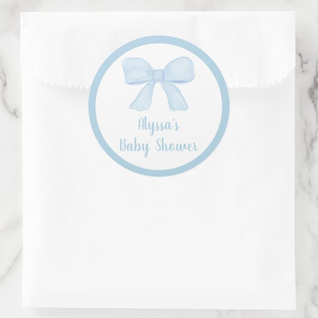 Coquette Blue Boy Bow Baby Shower Classic Round Sticker (Bag)