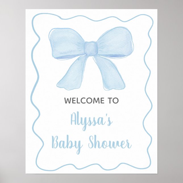 Coquette Blue Boy Bow Baby Shower Welcome Poster (Front)