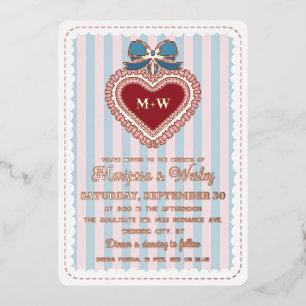 Coquette Blue Pink Ruffled Heart Stripes Wedding Foil Invitation