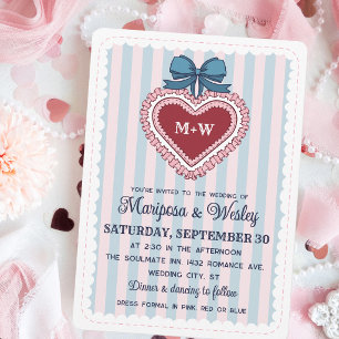 Coquette Blue Pink Ruffled Heart Stripes Wedding Invitation
