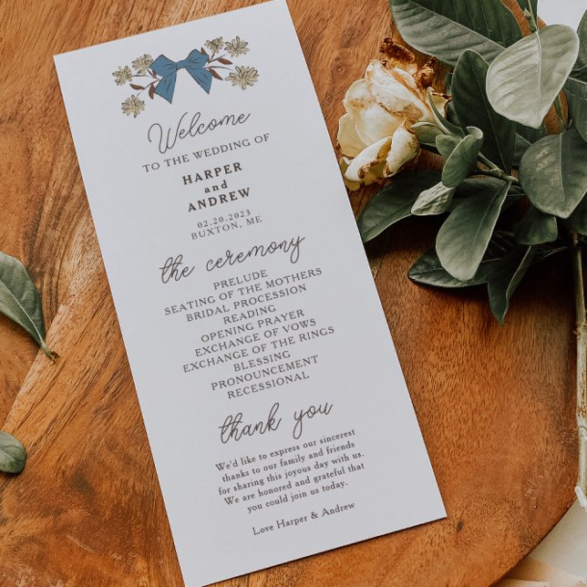 Coquette Blue Yellow Bows Wedding Ceremony Program (Creator Uploaded)