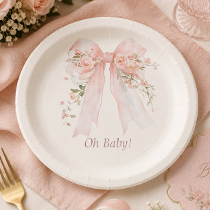 Coquette Blush Bow "Oh Baby" Baby Shower Paper Plates