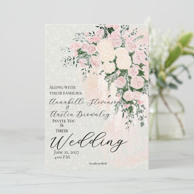 Coquette Blush Bow Rose Wisteria Cascade Bouquet Invitation (Standing Front)