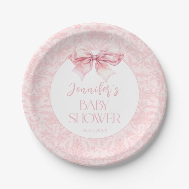 Coquette Blush Pink Bow Baby Girl Shower Paper Plates (Front)