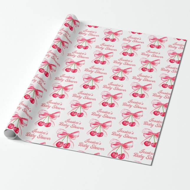 Coquette Blush Pink Bow Cherry Girly Baby Shower Wrapping Paper (Unrolled)