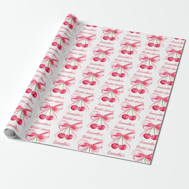 Coquette Blush Pink Bow Cherry Girly Bridal Shower Wrapping Paper (Unrolled)