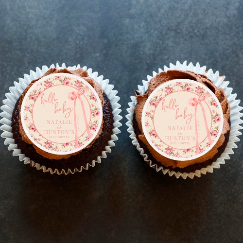 Coquette Blush Pink Bow Floral Baby Shower Custom Edible Frosting Rounds