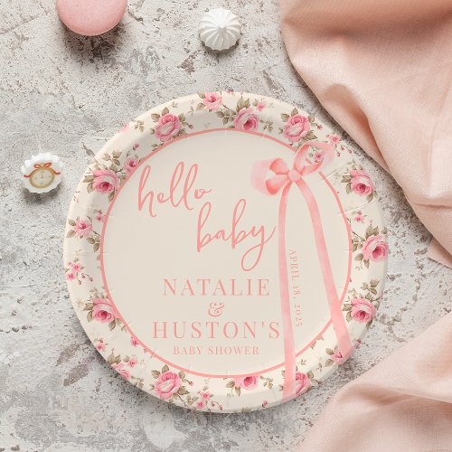 Coquette Blush Pink Bow Floral Baby Shower Custom Paper Plates